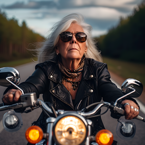 公路上骑着机车的老奶奶图片